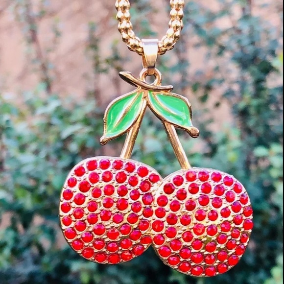 Retro Red Rhinestone Cherry Pendant Necklace - Picture 14 of 14